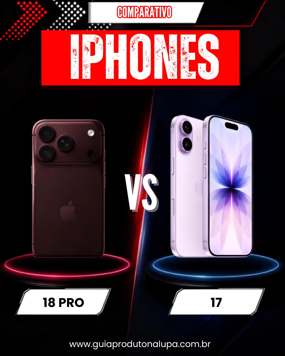 Arte de capa do comparativo: iPhone 18 Pro na cor bordô à esquerda e iPhone 17 na cor lavanda à direita, separados por um "VS"