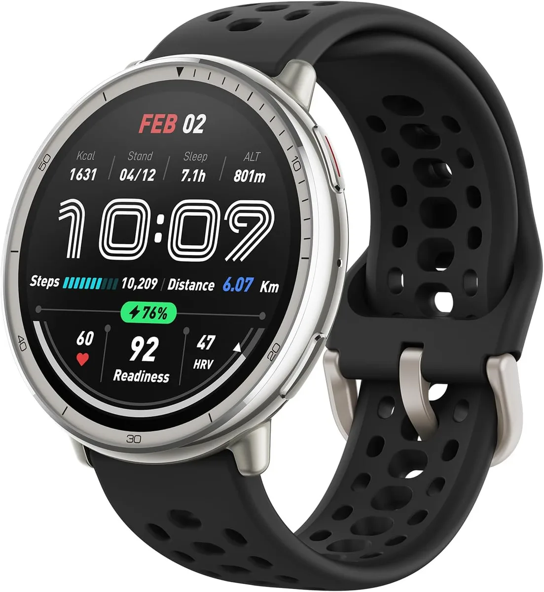 Smartwatch Amazfit Active 2 redondo, com aro prateado e pulseira preta
