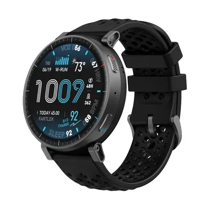 Smartwatch Amazfit Active Max preto, redondo, visto em ângulo