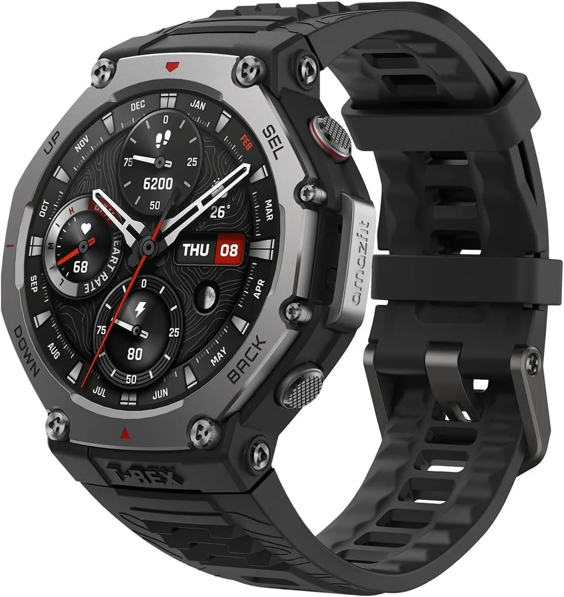 Smartwatch Amazfit T-Rex 3 preto com aro de aço, visto em ângulo com a pulseira