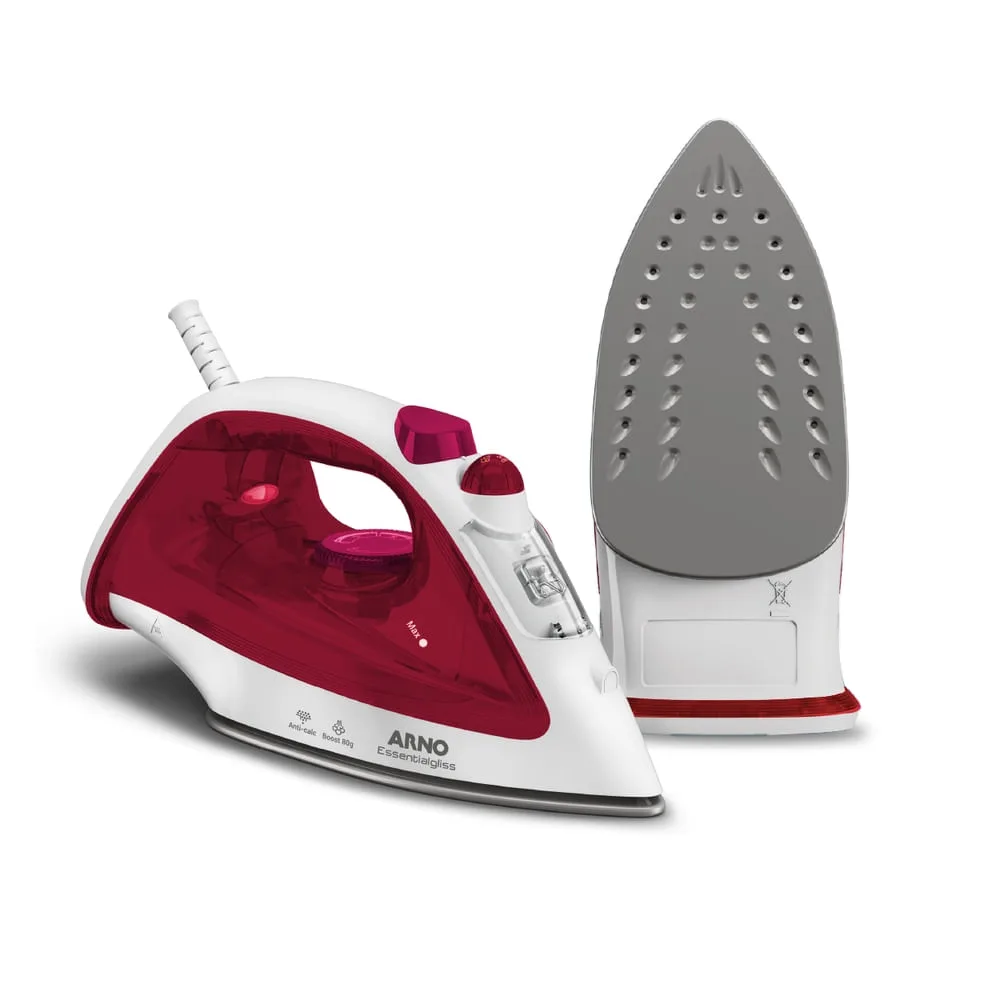Ferro a vapor Arno Essentialgliss vermelho e branco, ao lado da base antiaderente no suporte