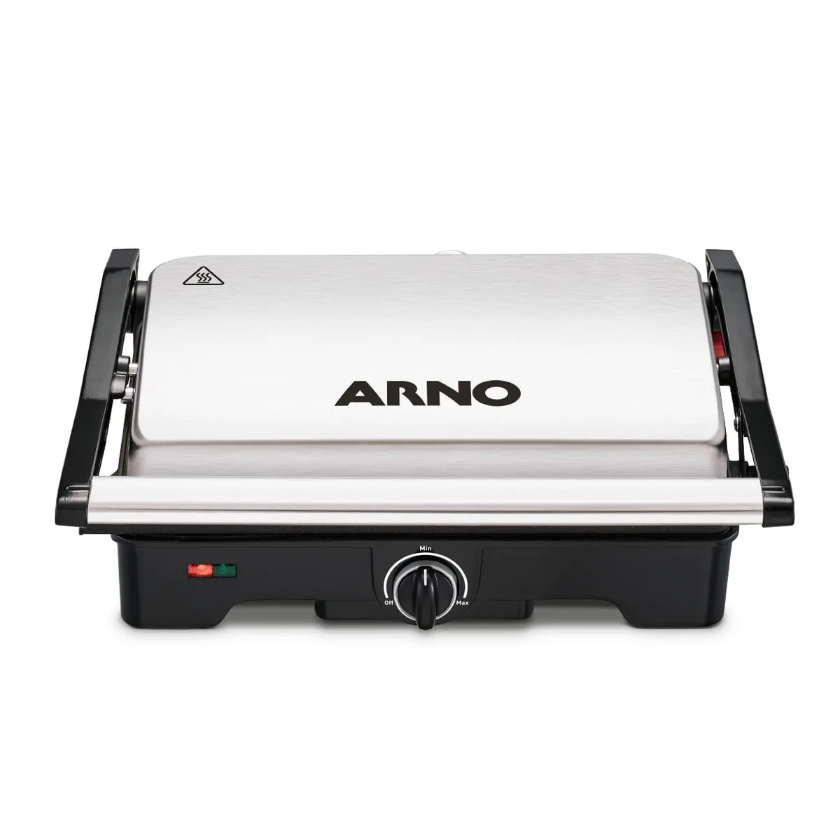 Grill Arno Dual Inox GNOX aberto, com sanduíches na chapa