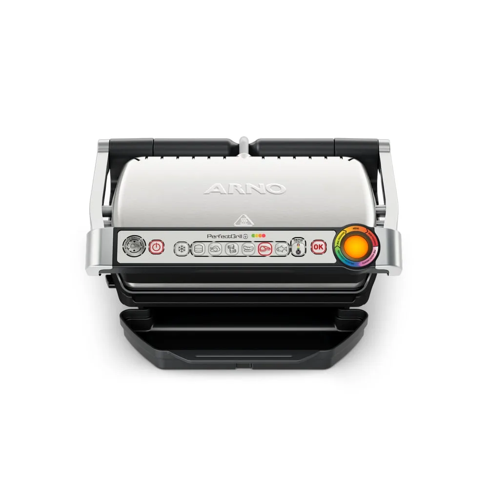 Grill Arno Perfect Grill GP01 inox, aberto, com painel de programas