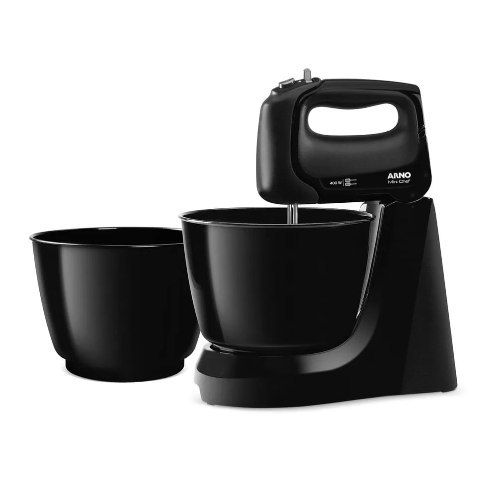 Batedeira Arno Mini Chef HM11 preta, portátil, encaixada na base com as duas tigelas