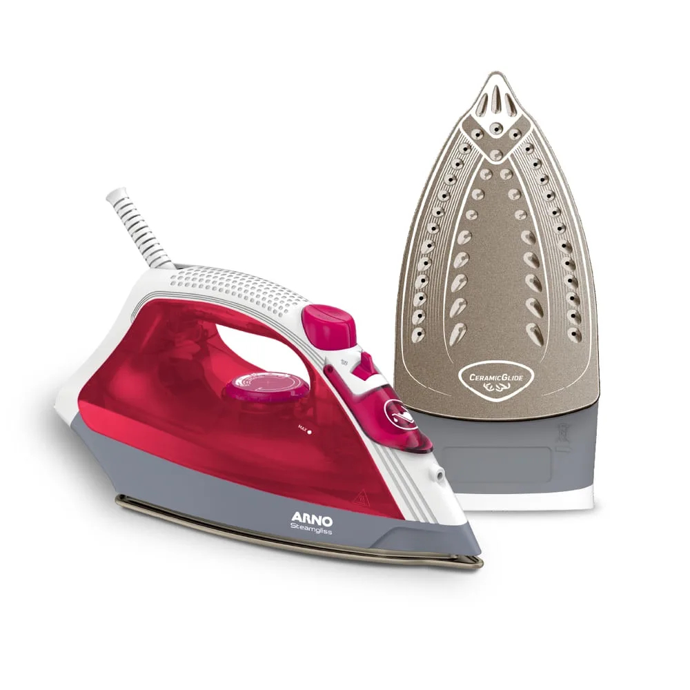 Ferro a vapor Arno Steamgliss de base cerâmica, vermelho e branco, ao lado da base no suporte