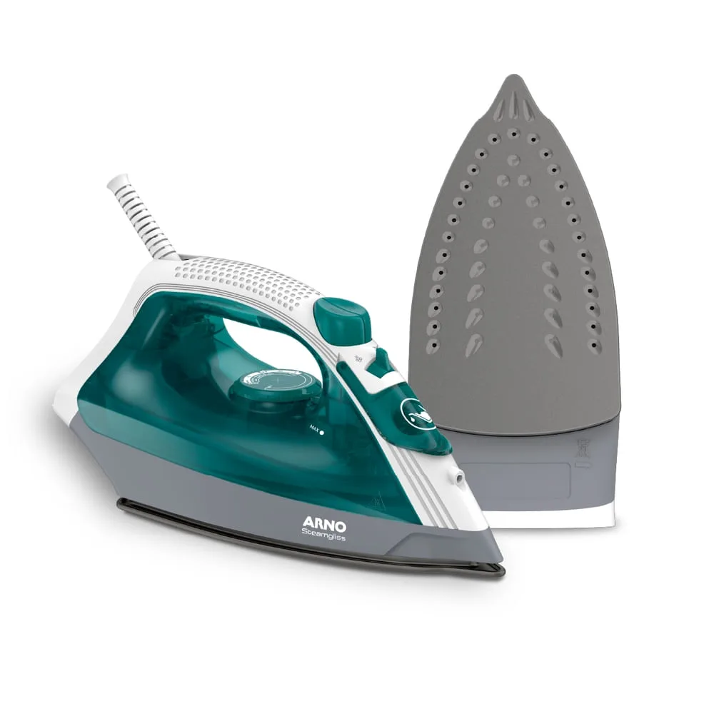 Ferro a vapor Arno Steamgliss verde-água e branco, ao lado da base antiaderente no suporte