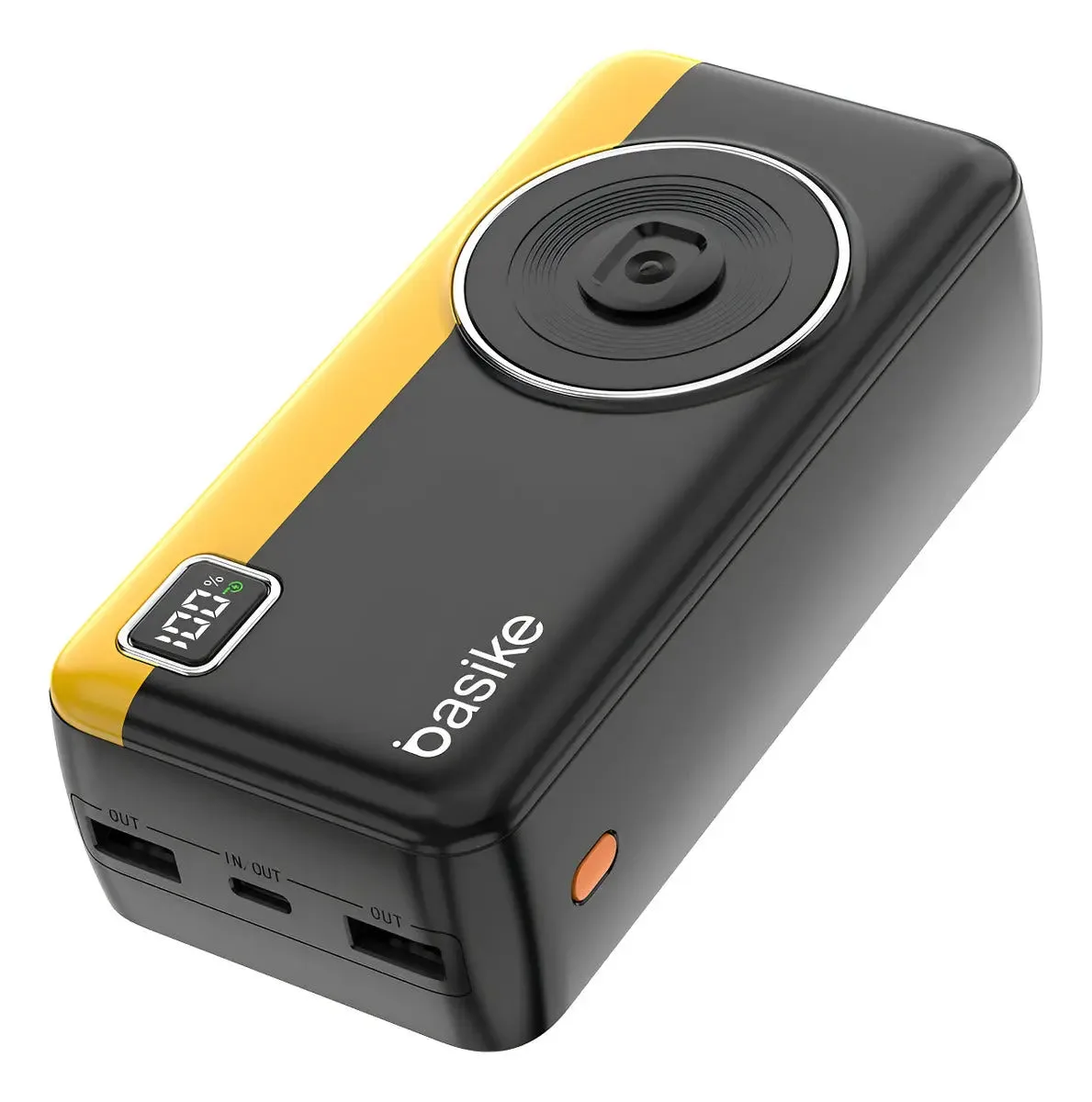 Power bank Basike de 30.000 mAh, em preto e amarelo, com display e três saídas