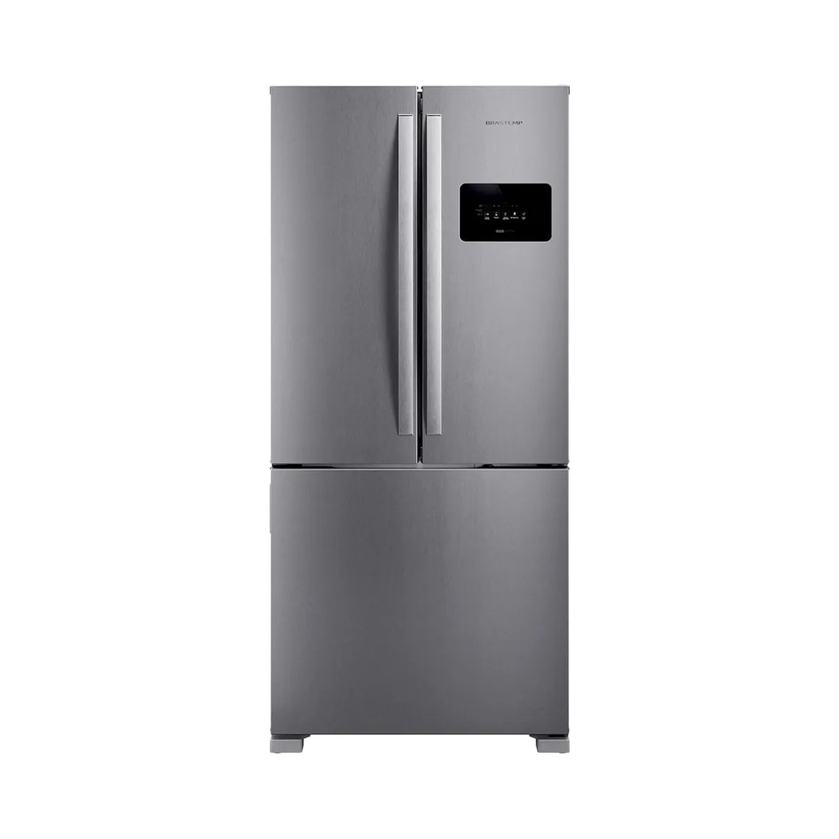 Geladeira Brastemp BRO85MK French Door inox de três portas, fechada