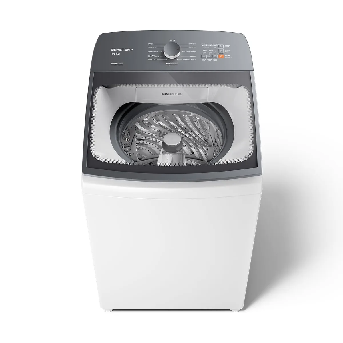 Máquina de lavar Brastemp BWJ14AB branca, de carga superior, vista de frente