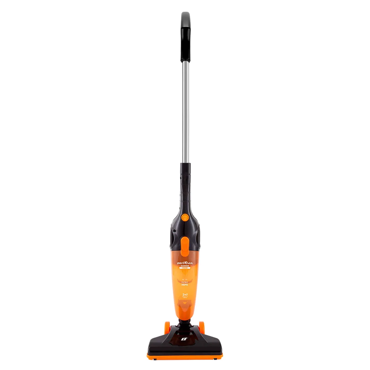 Aspirador vertical Britânia BAS1010P branco e laranja, em pé