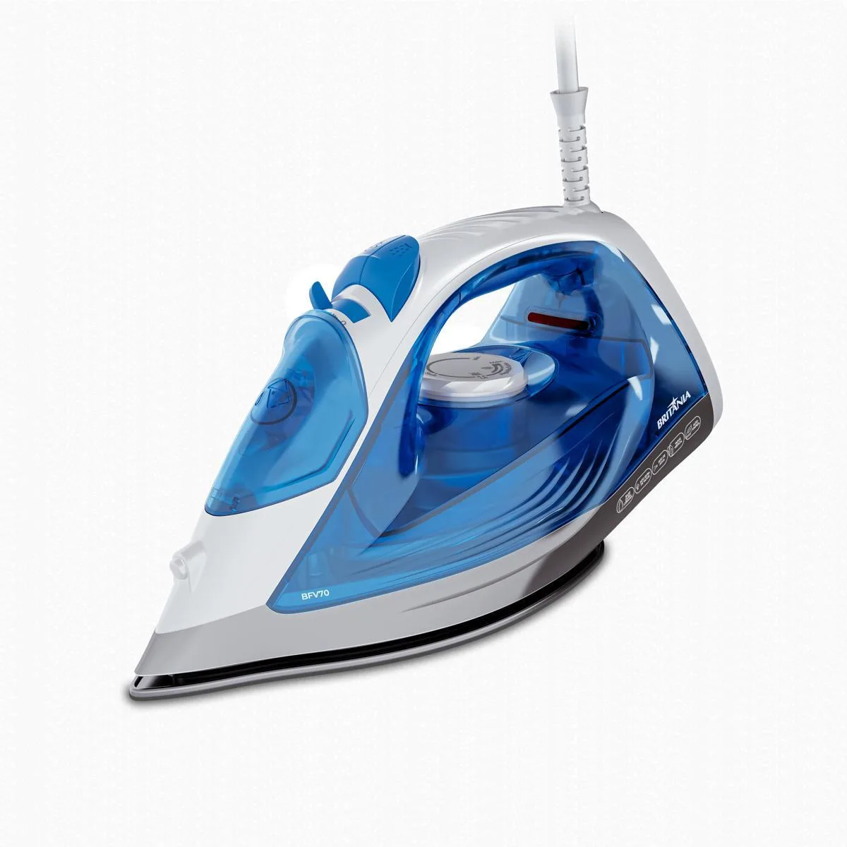 Ferro a vapor Britânia BFV70 azul e branco, visto de lado