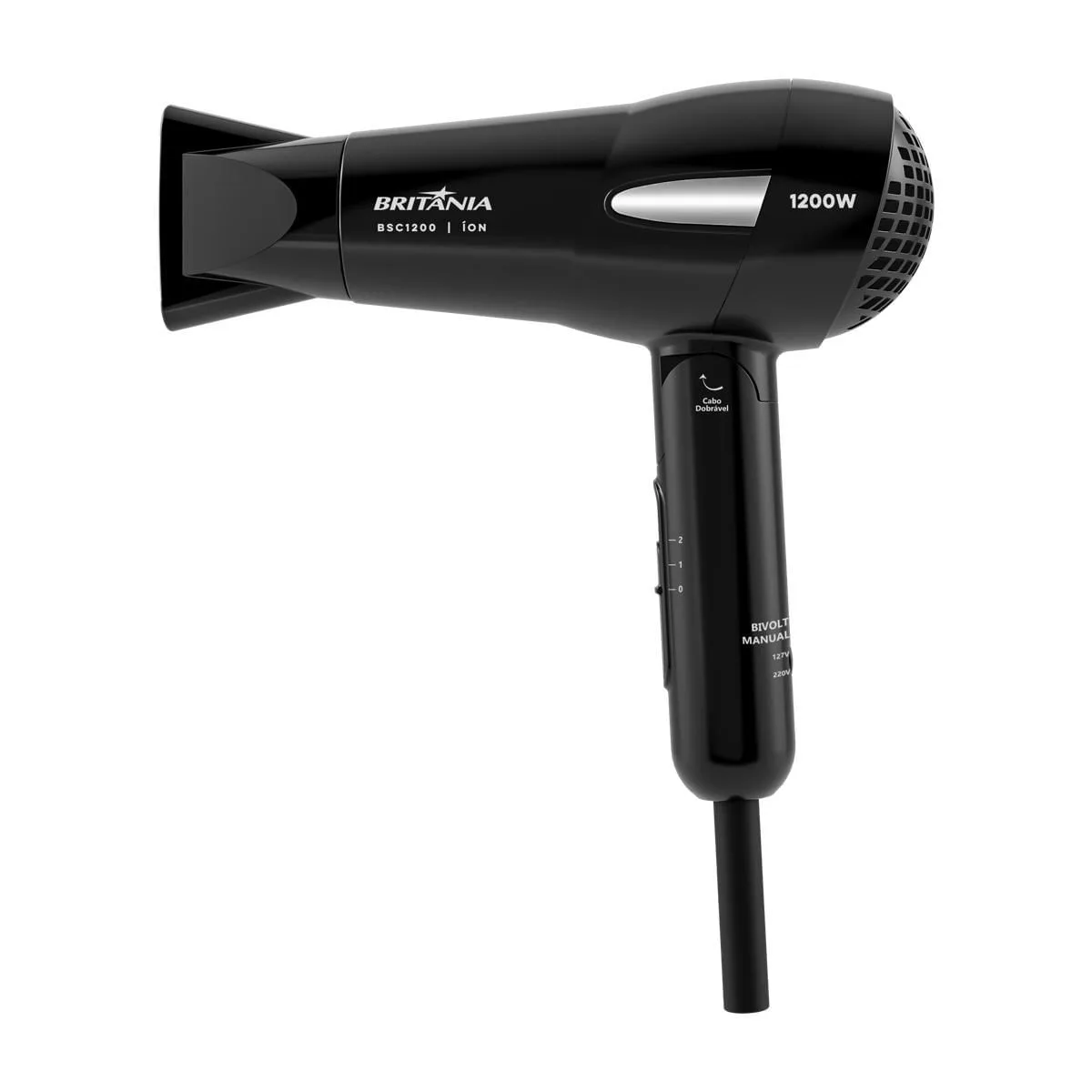 Secador Britânia BSC1200 preto, compacto, com o bico direcionador