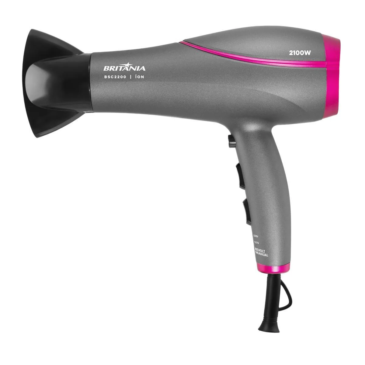 Secador de cabelo Britânia BSC2200 cinza com detalhe rosa, visto de lado