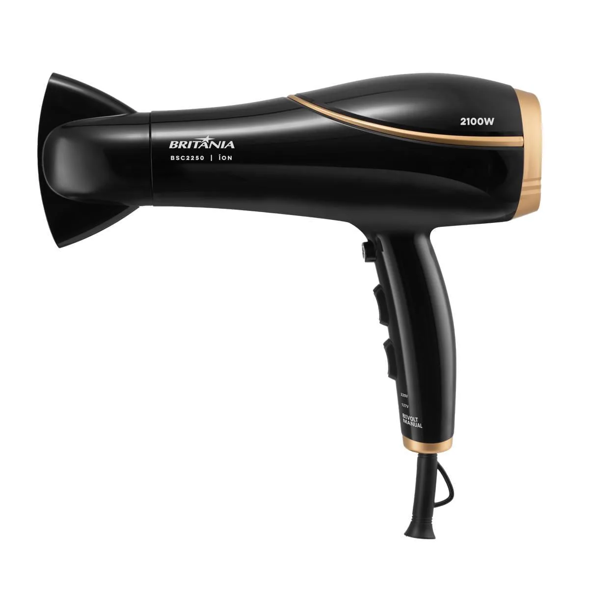 Secador de cabelo Britânia BSC2250 preto com detalhe dourado, visto de lado