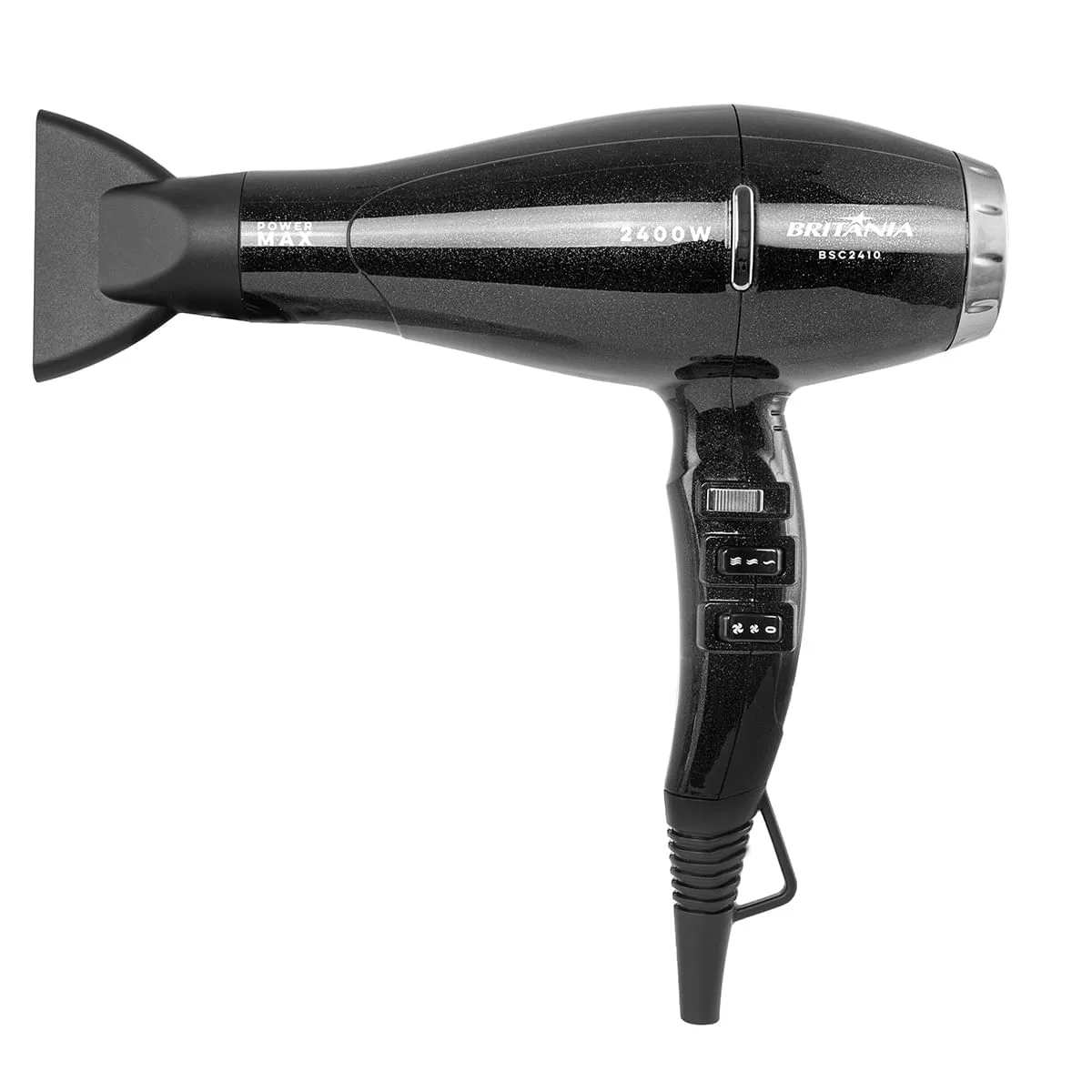 Secador de cabelo Britânia Power Max preto e prata, visto de lado