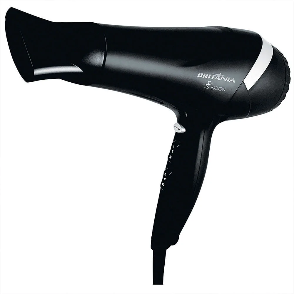 Secador de cabelo Britânia SP3100N preto brilhante, visto de lado