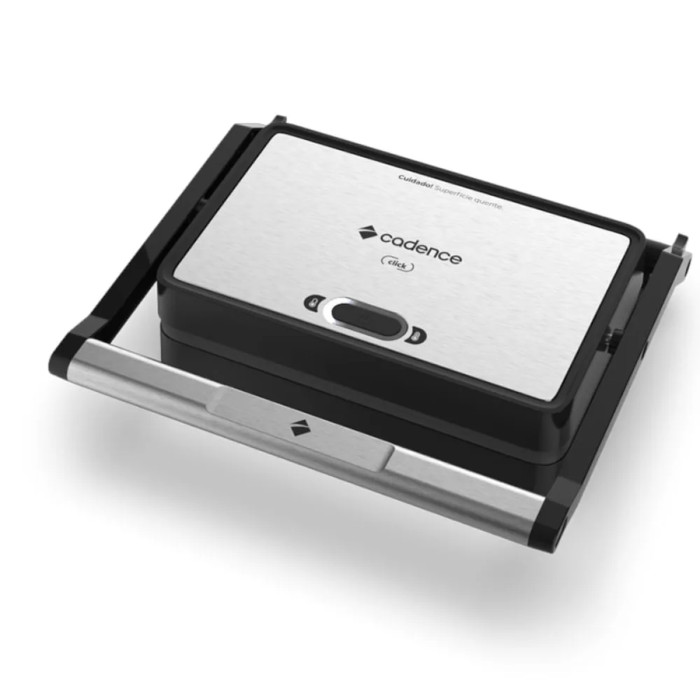 Grill Cadence Click Inox GRL200 aberto, com tampa de inox