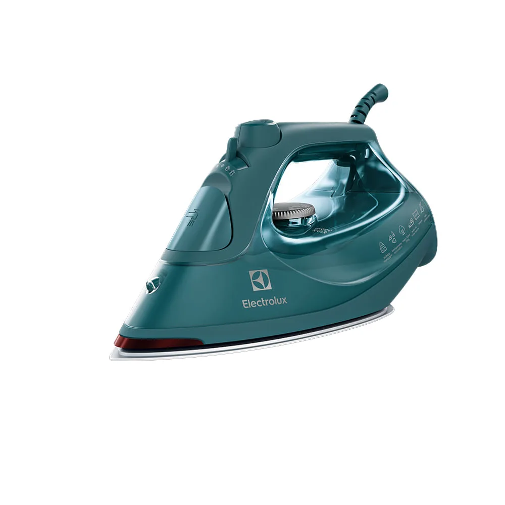 Ferro a vapor Electrolux Experience Care ESI80 verde-escuro e branco, visto de três quartos