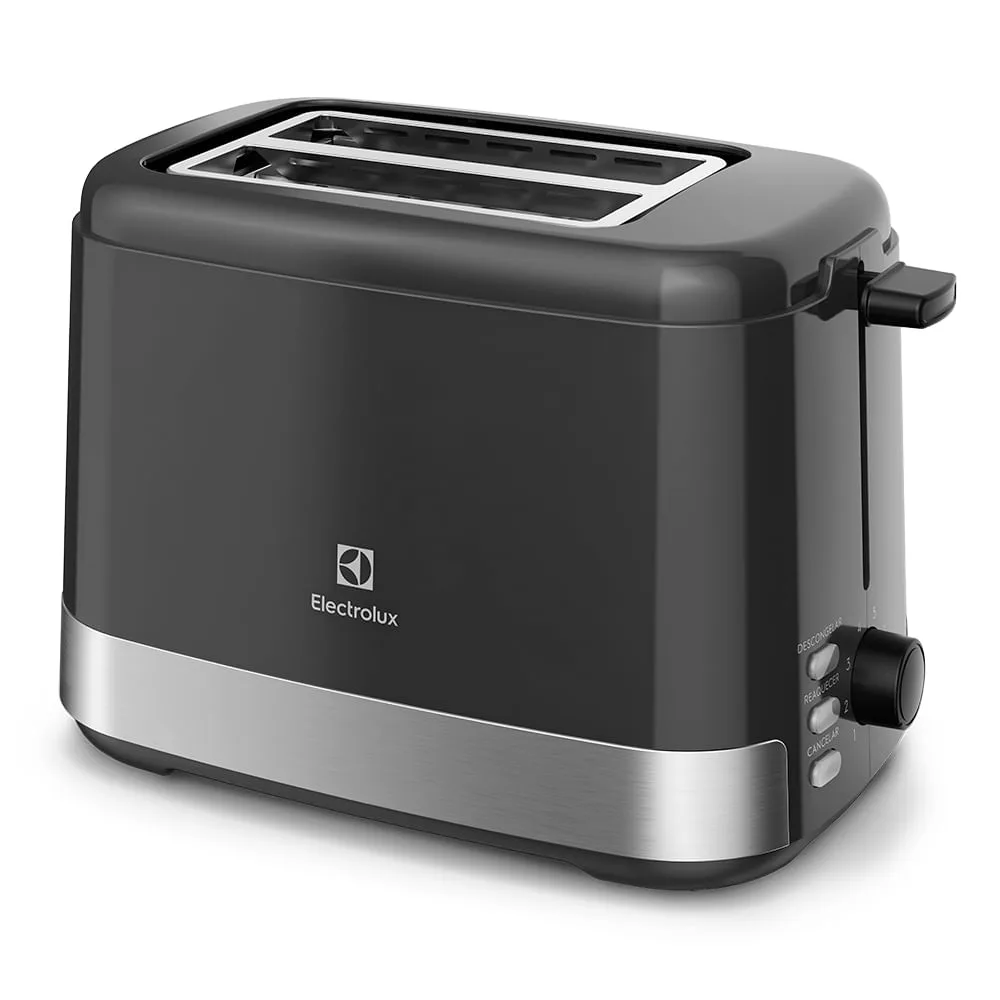 Torradeira Electrolux ETS10 preta com acabamento inox, vista em perspectiva