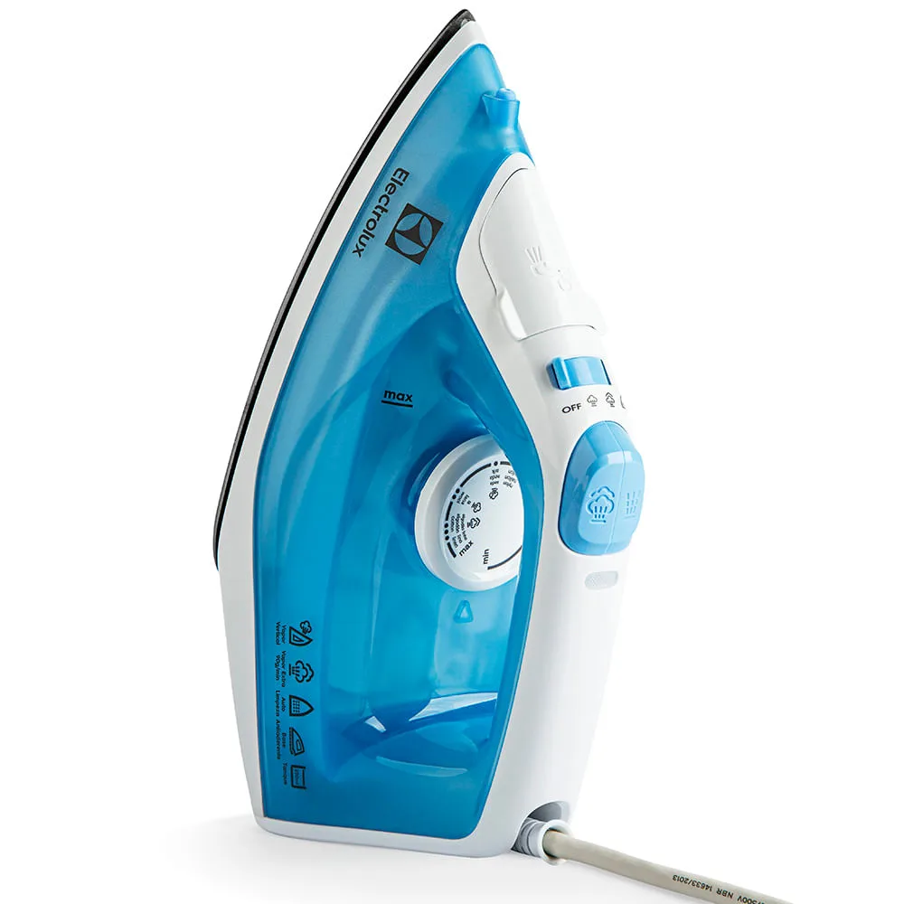 Ferro a vapor Electrolux Easyline SIE60 azul e branco, visto de lado