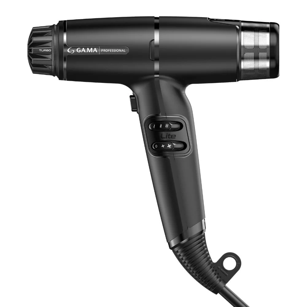 Secador GA.MA iQ Lite Max preto, de corpo curto, visto de lado