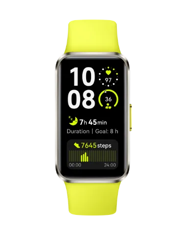 Pulseira inteligente Huawei Band 10 na versão amarela, vista de frente