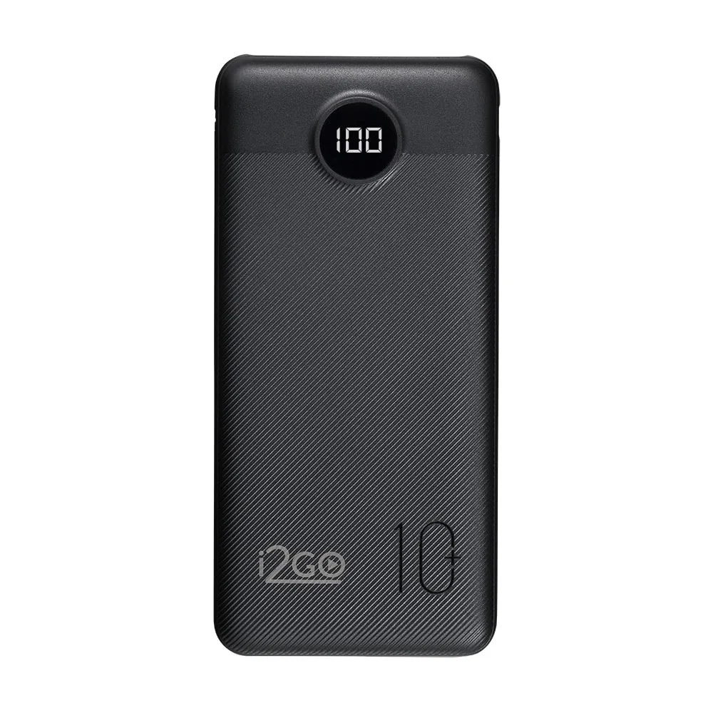 Power bank i2GO PRO de 10.000 mAh, preto, com o display mostrando o nível de carga