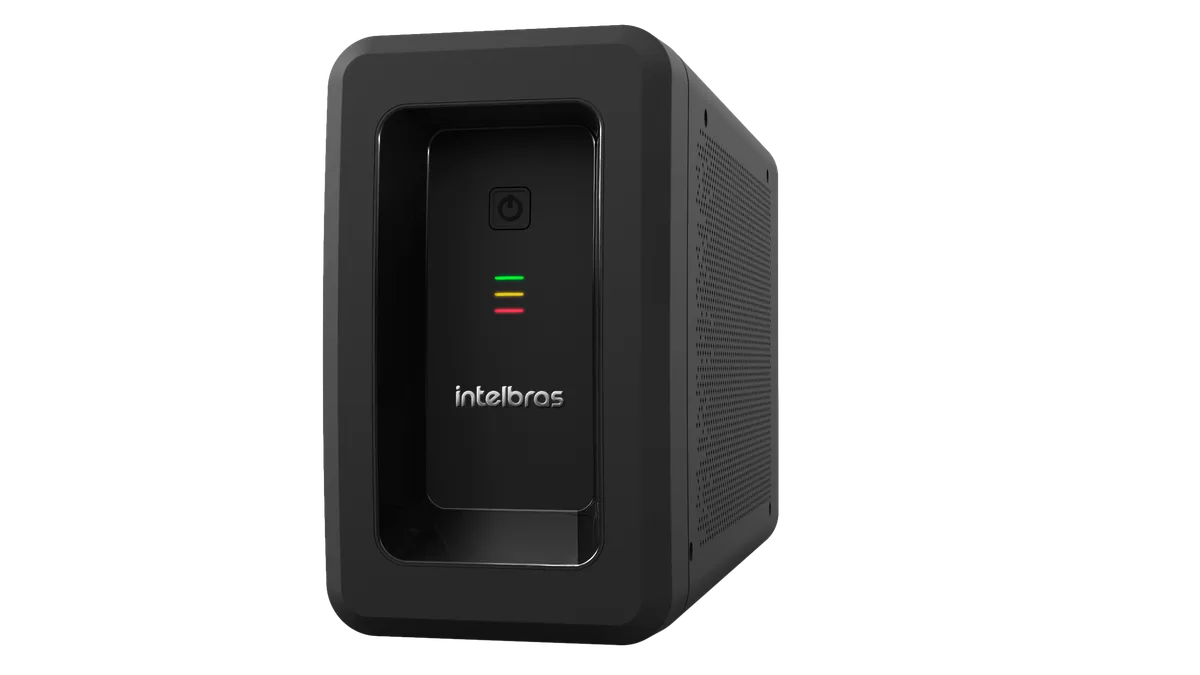 Nobreak Intelbras Attiv 1200 BI, gabinete preto em perspectiva com painel frontal e LEDs