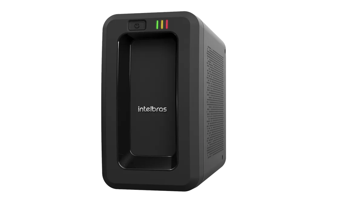 Nobreak Intelbras Attiv 600 BI, gabinete preto compacto com painel frontal recuado e LEDs
