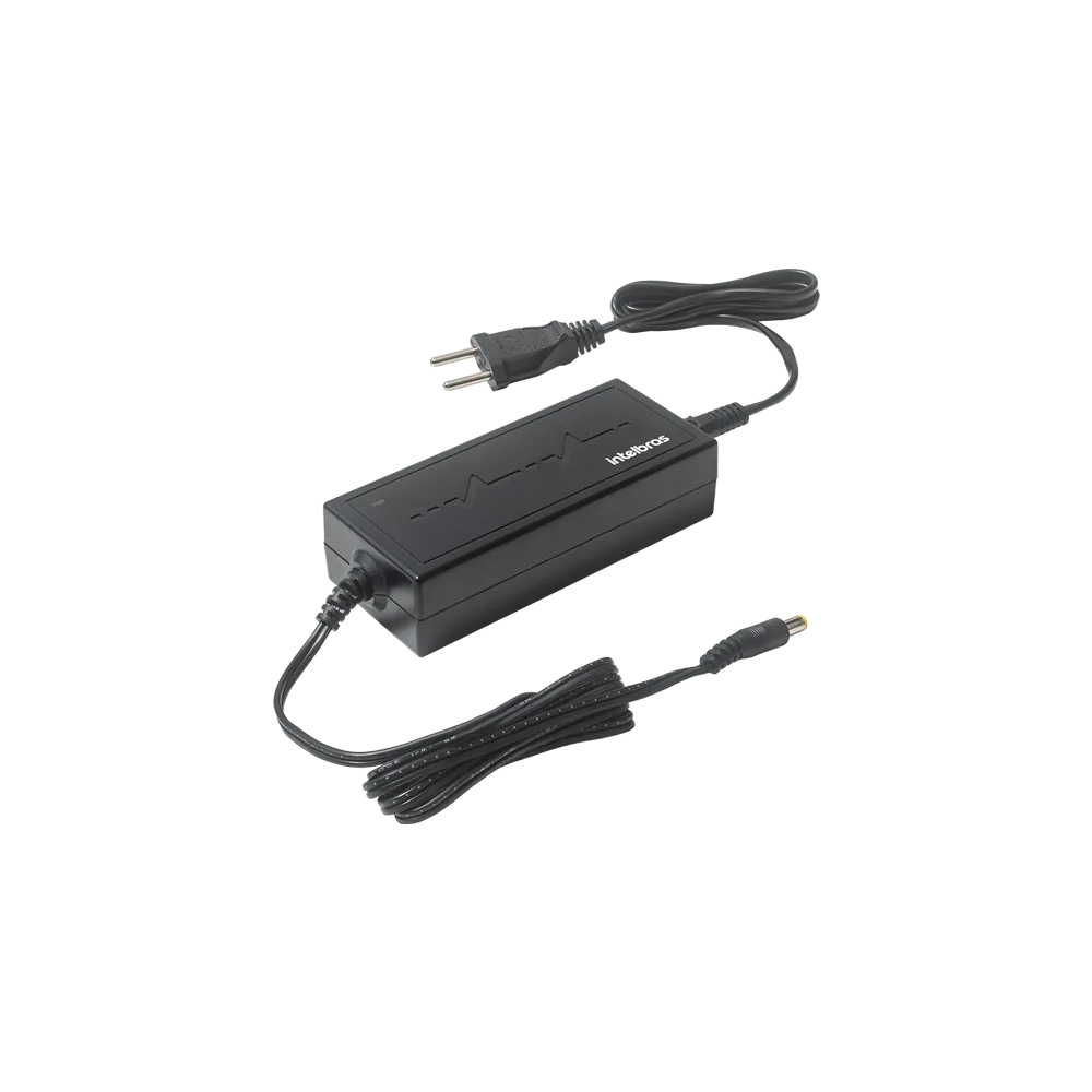 Fonte de mesa Intelbras EF 1205, preta, com cabo de força e cabo de saída