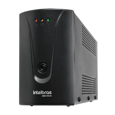 Nobreak Intelbras XNB 720 BI, gabinete preto em pé, com botão frontal e três LEDs