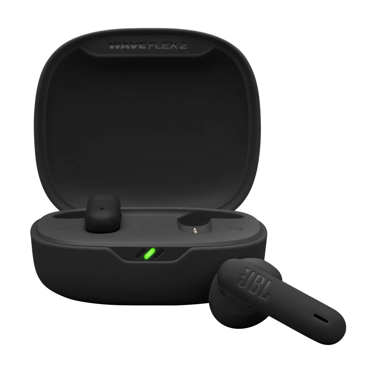 Fone JBL Wave Flex 2 preto, com o estojo de carregamento aberto