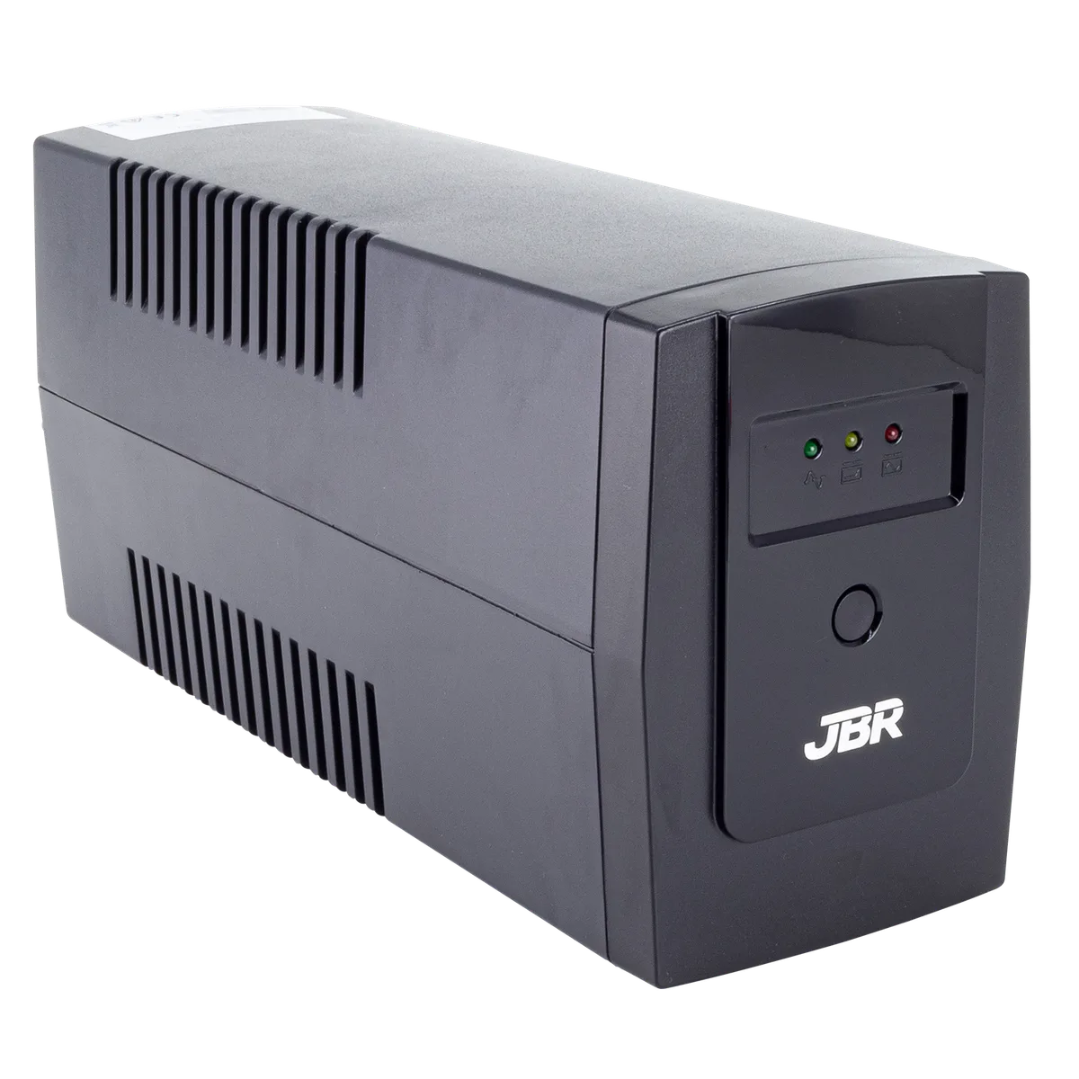 Nobreak JBR Guard 600, gabinete preto deitado com painel frontal de LEDs