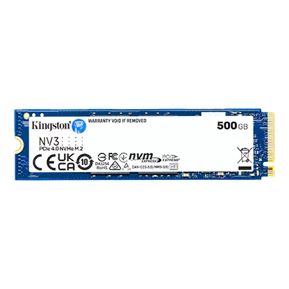 SSD Kingston NV3 de 500 GB, placa azul no formato M.2 2280, com a etiqueta de identificação