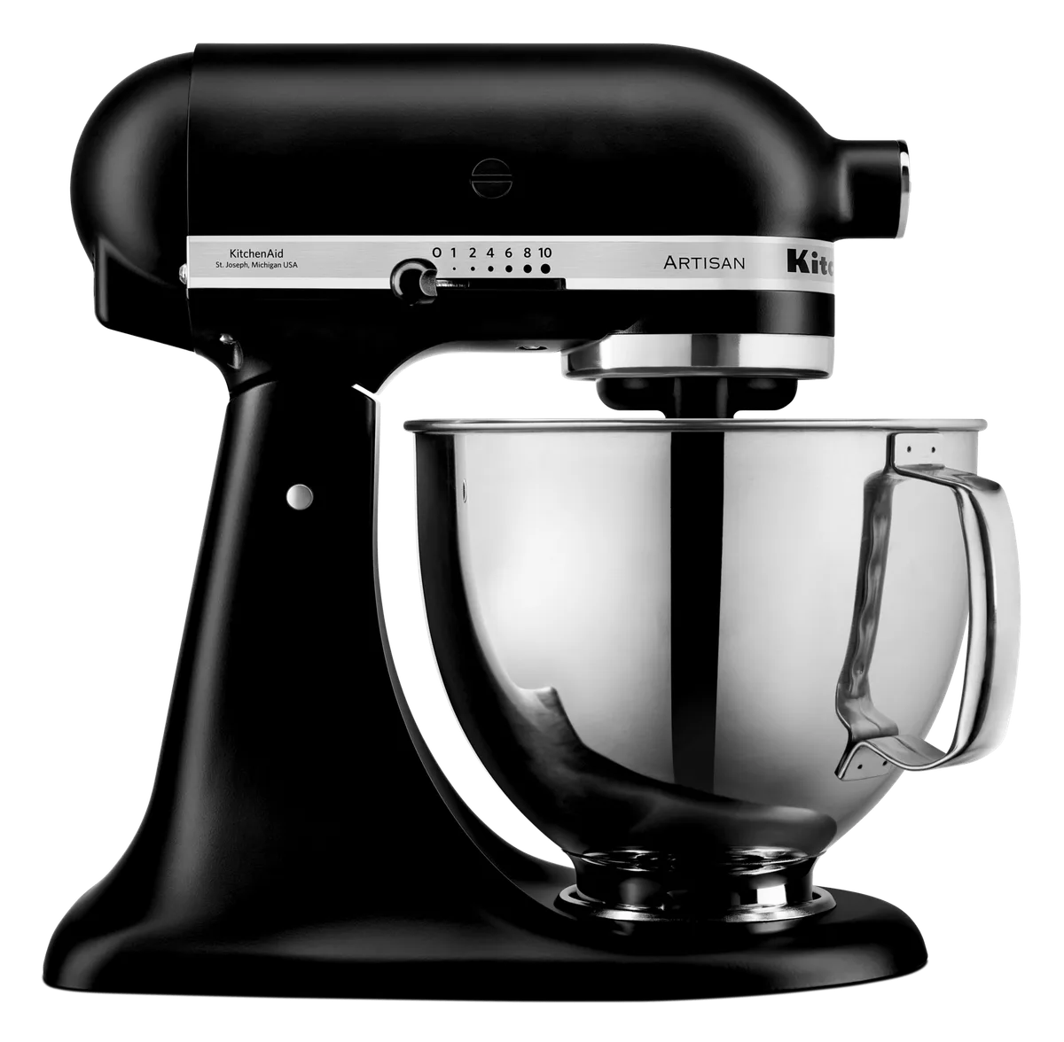 Batedeira KitchenAid Artisan preto fosco, de cabeça basculável, com a tigela de inox encaixada