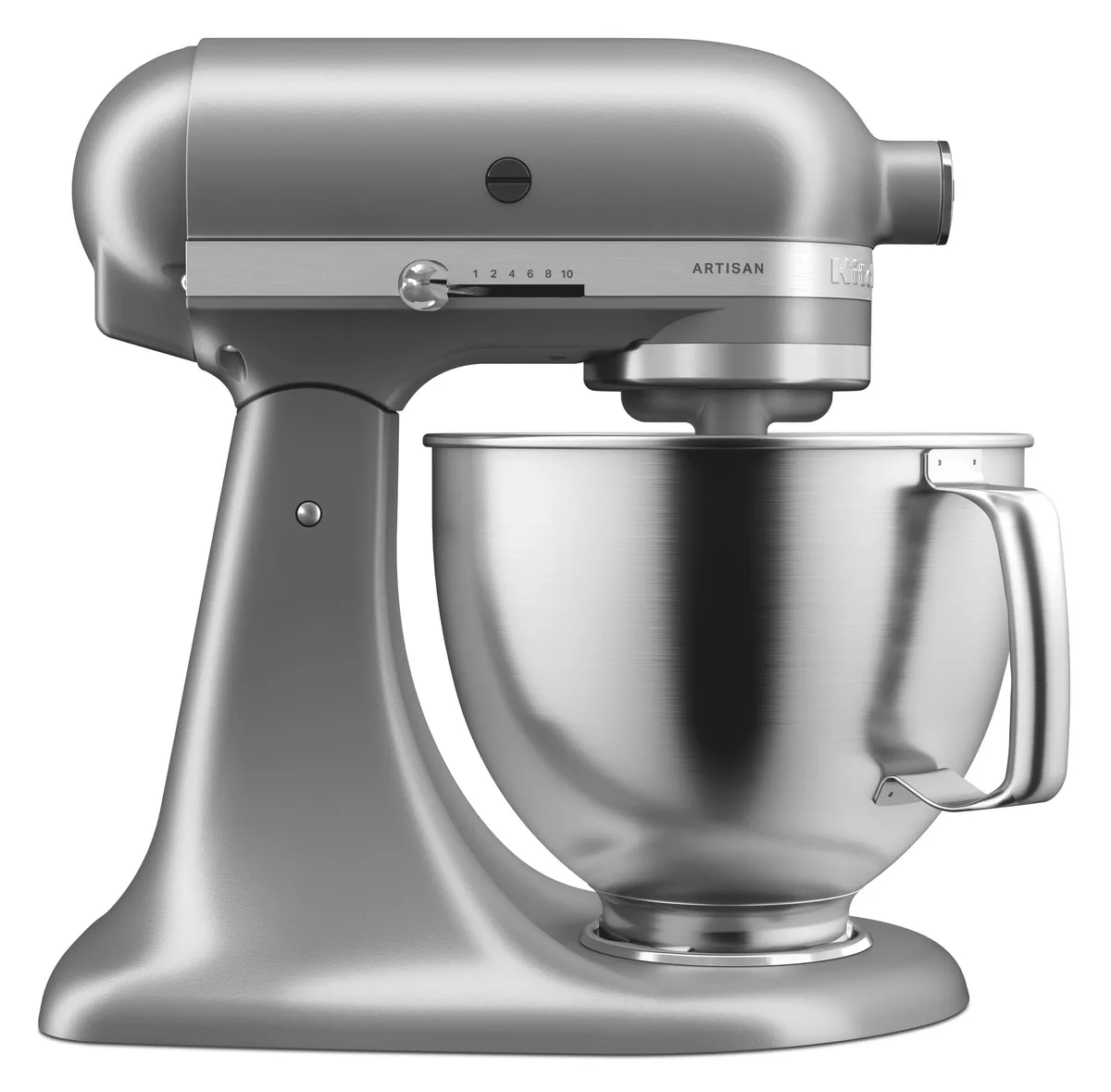 Batedeira KitchenAid Artisan prata, de cabeça basculável, com a tigela de inox encaixada