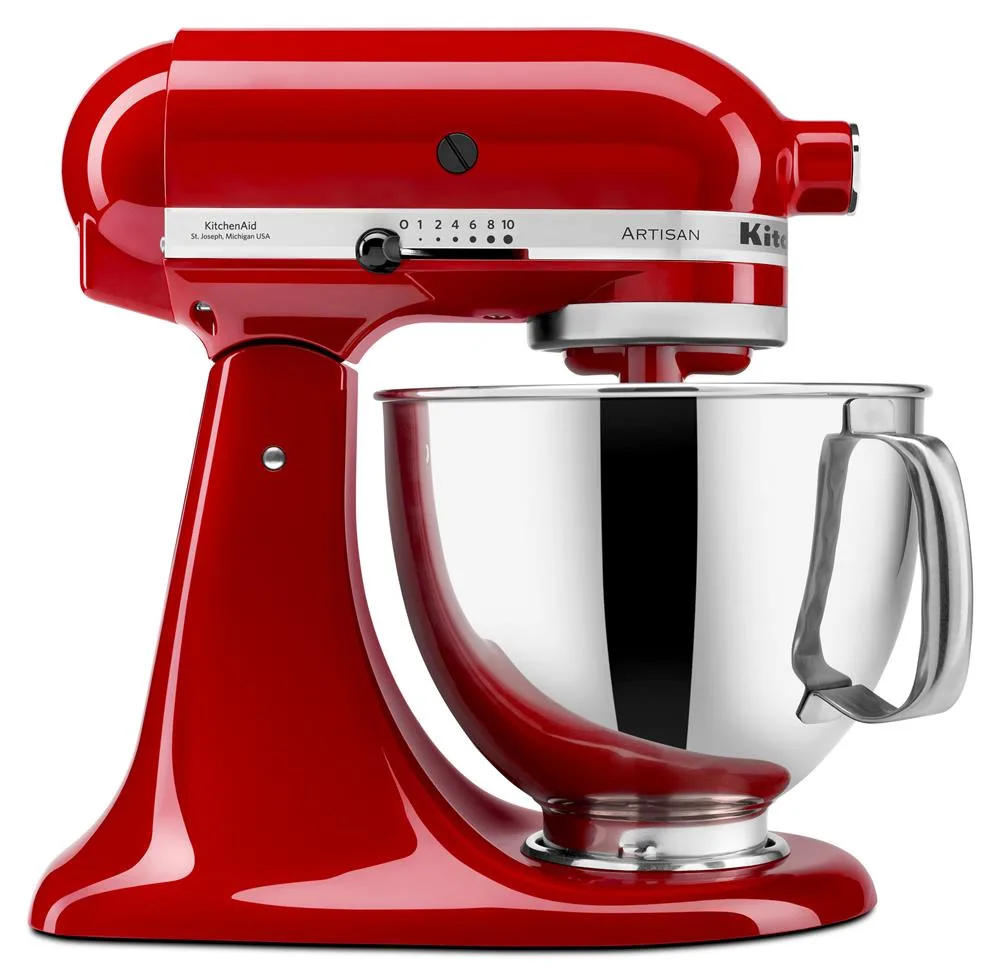 Batedeira KitchenAid Artisan vermelha, de cabeça basculável, com a tigela de inox encaixada