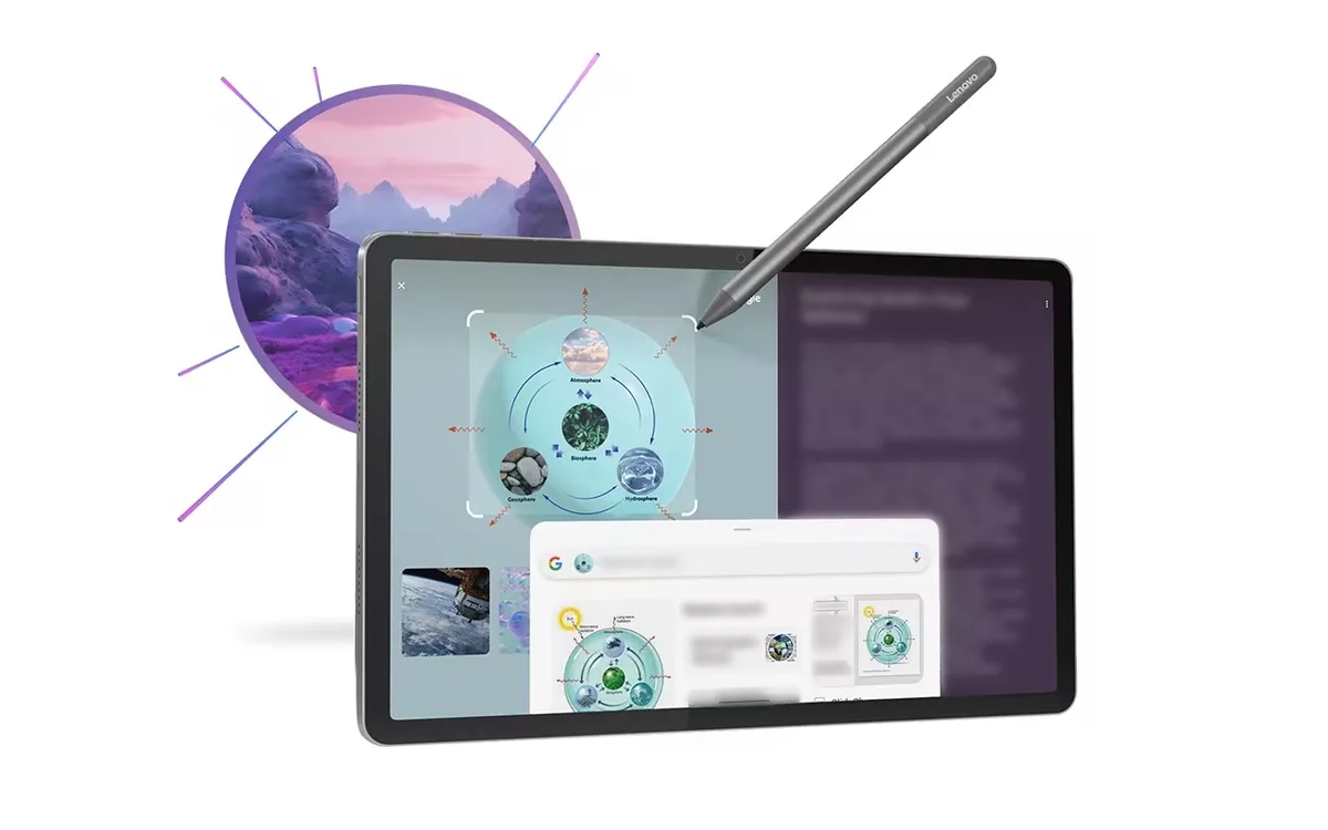 Lenovo Idea Tab cinza com a caneta, visto de frente