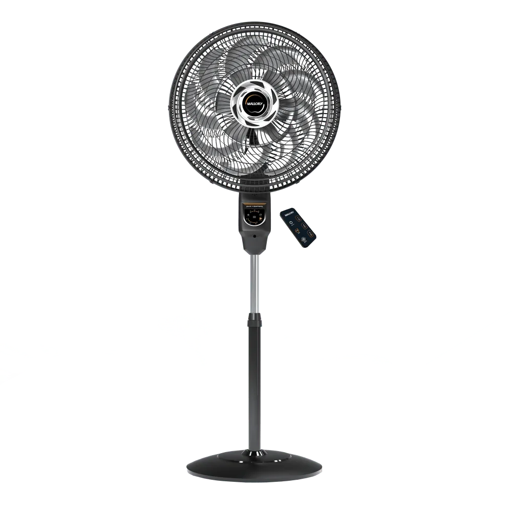 Ventilador de coluna Mallory Max Control grafite, com o controle remoto ao lado