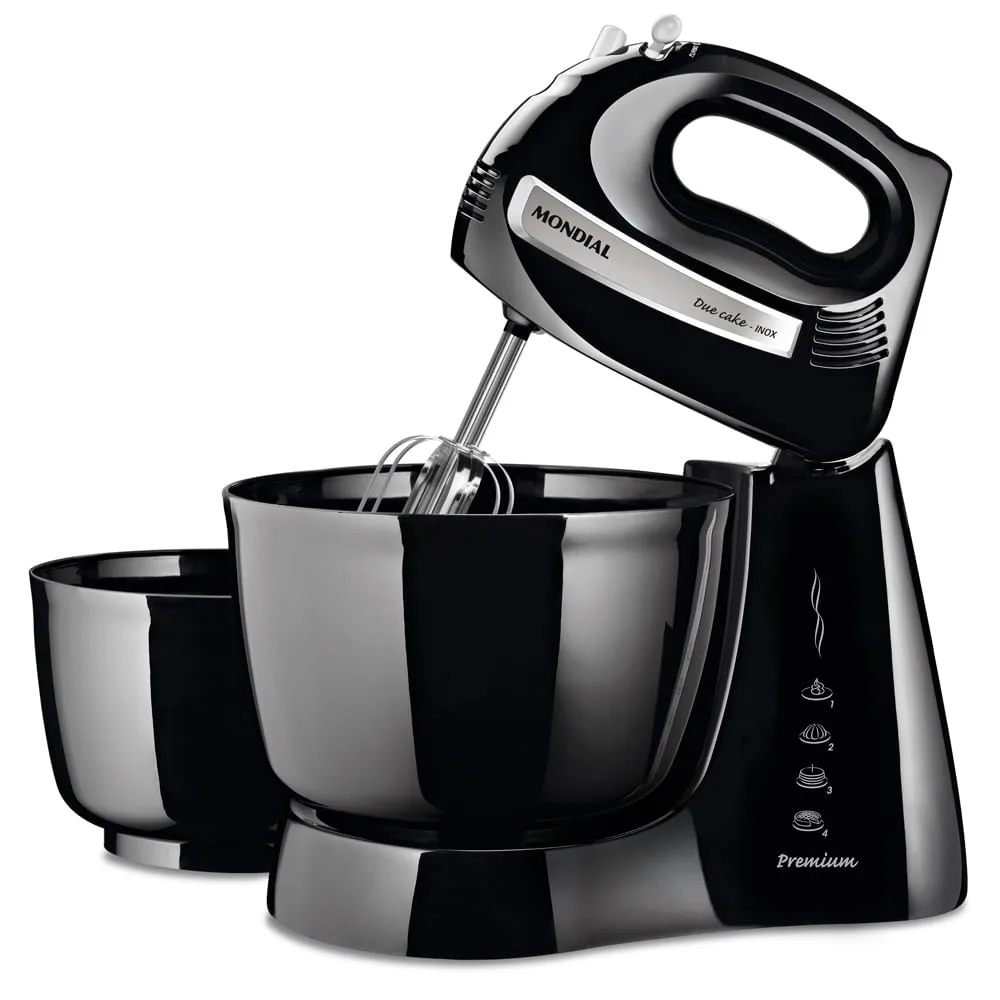 Batedeira Mondial Premium B-04 NP preta, com as duas tigelas ao lado