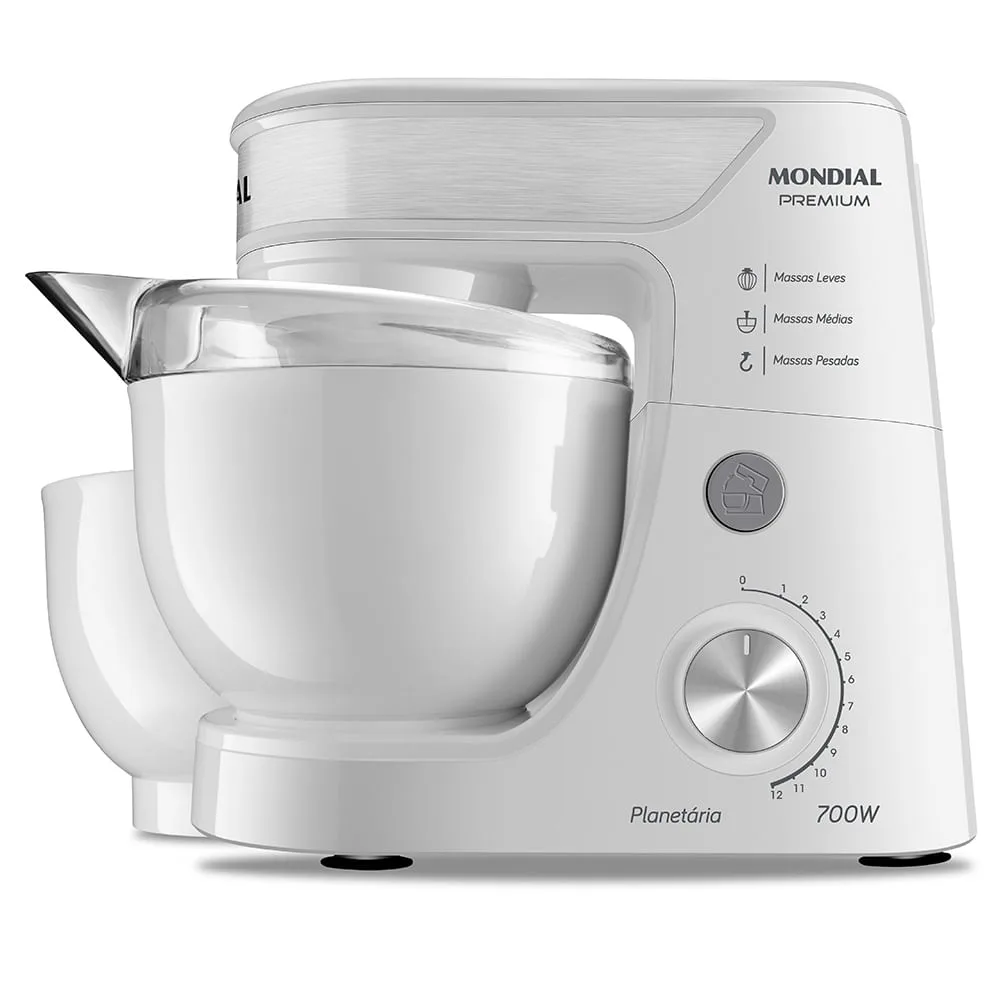 Batedeira planetária Mondial BP-01P-W branca, com tigela de inox e braço levantado