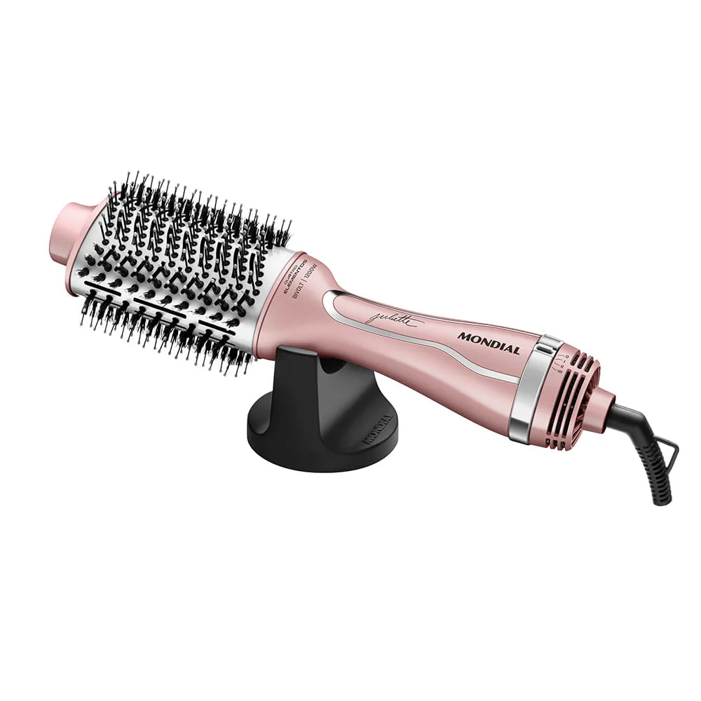 Escova secadora Mondial ES-JU-01 dourada e rosa, apoiada na base