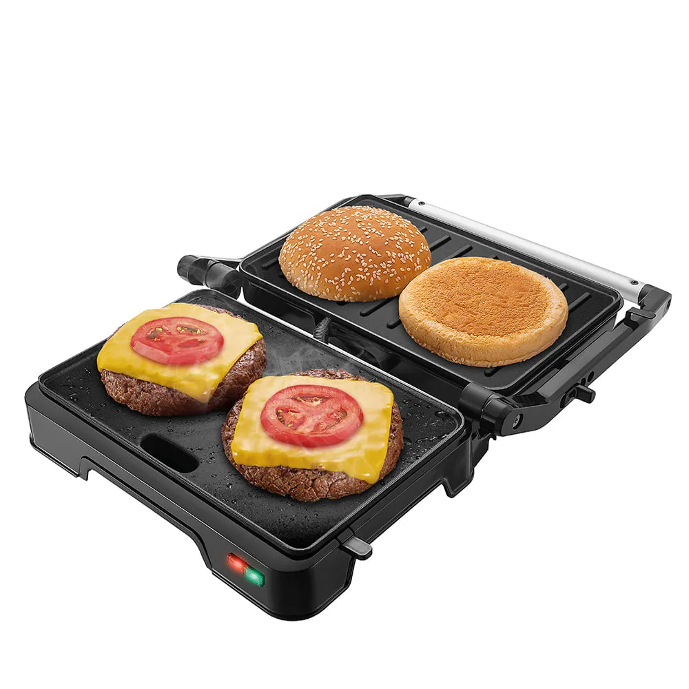 Grill Mondial PG-01-180 aberto em 180 graus, com hambúrgueres e pães nas duas chapas