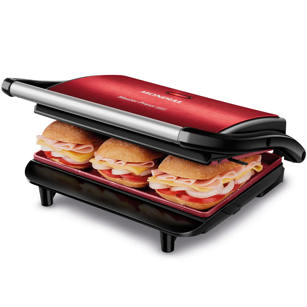 Grill Mondial PG-01-RC vermelho, aberto, com sanduíches nas chapas