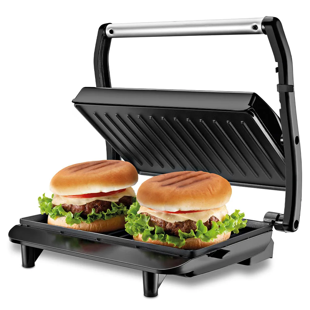 Grill Mondial Master Press PG-01 aberto, com hambúrgueres na chapa