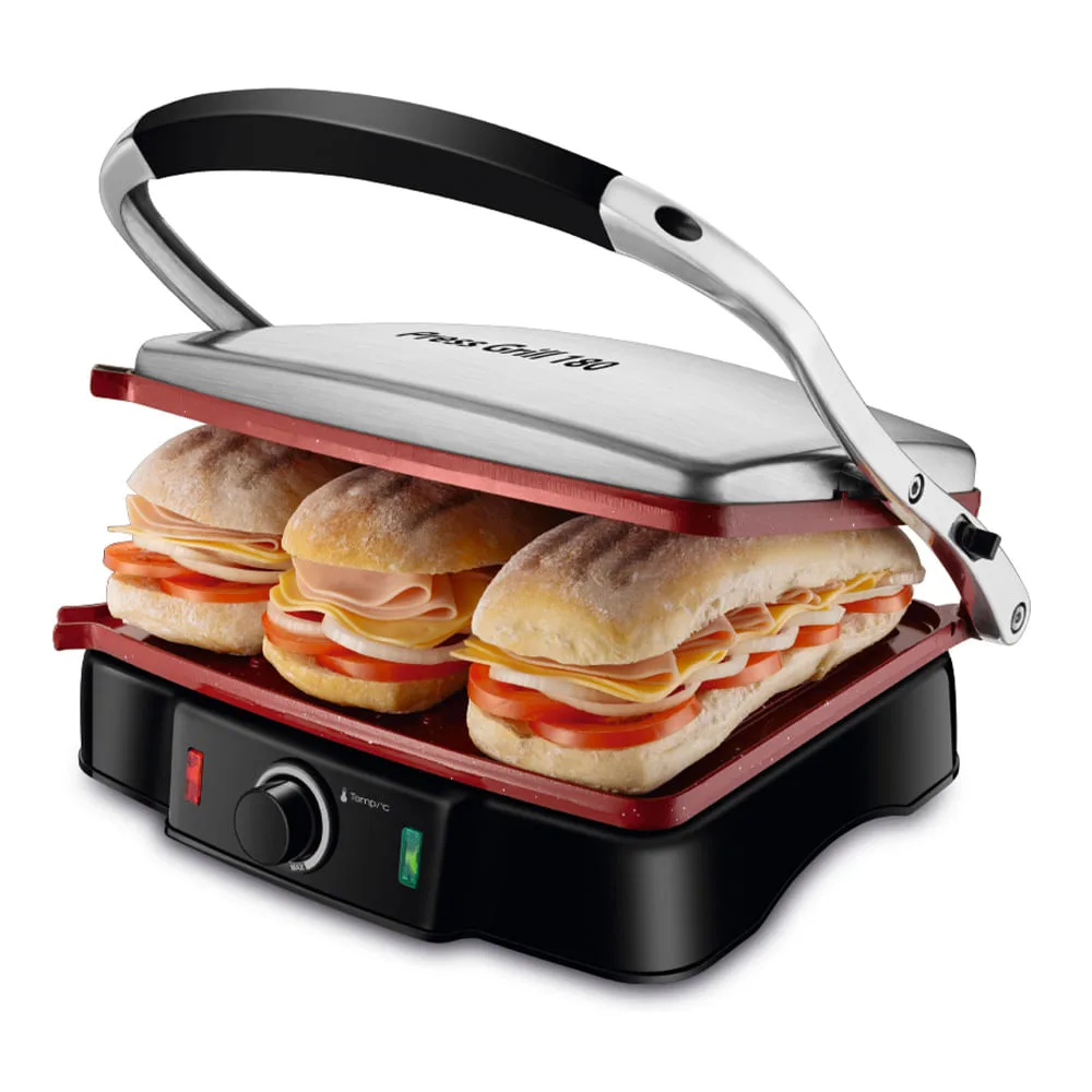 Grill Mondial Press Grill 180° PG-02 aberto, com sanduíches na chapa