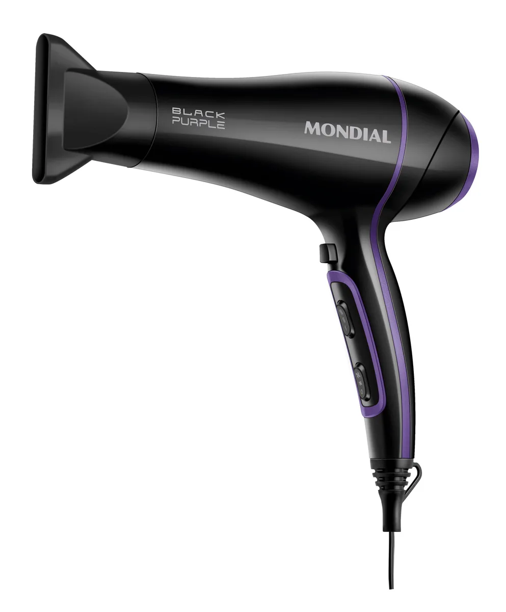 Secador Mondial SCN-01 preto com detalhes em roxo, com o bico direcionador