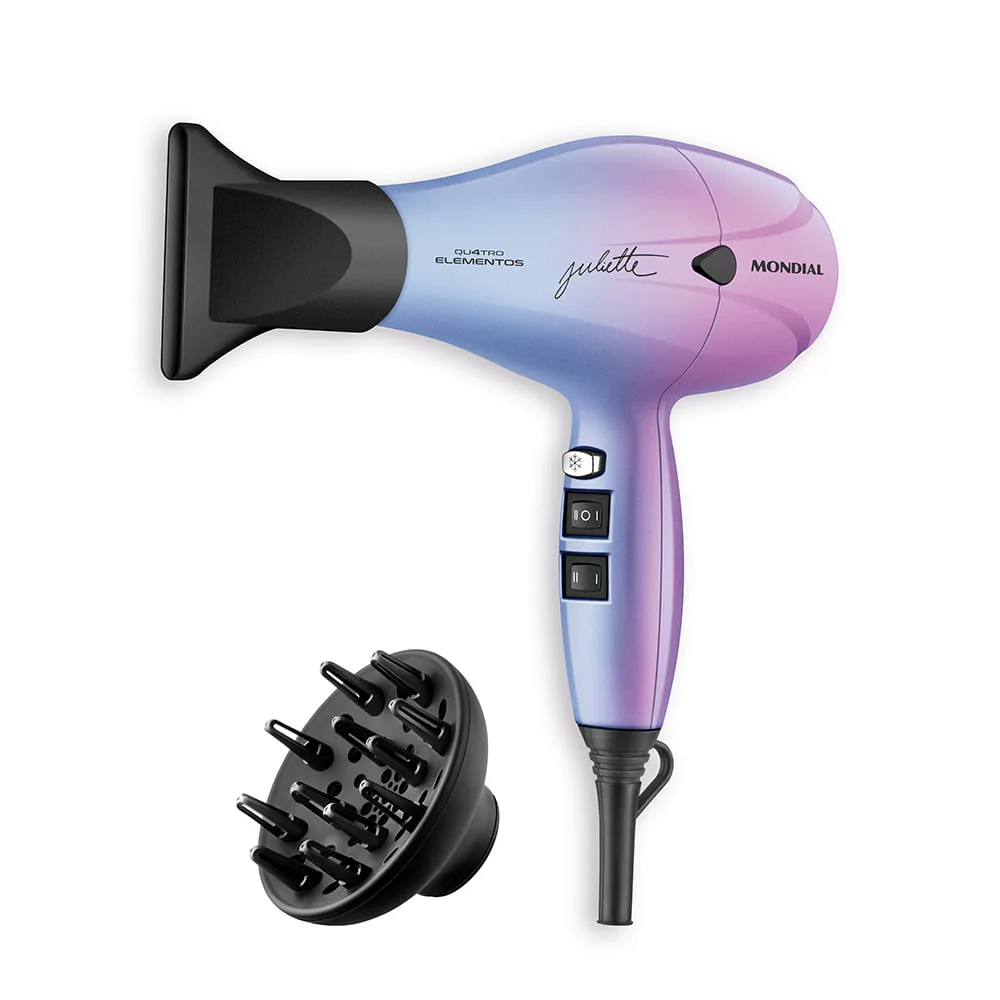 Secador Mondial By Juliette SCP-JU-03 em degradê azul e rosa, com bico e difusor