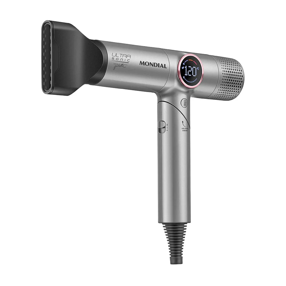 Secador de cabelo Mondial Ultra Sonic by Juliette prata, corpo fino com anel colorido no bocal