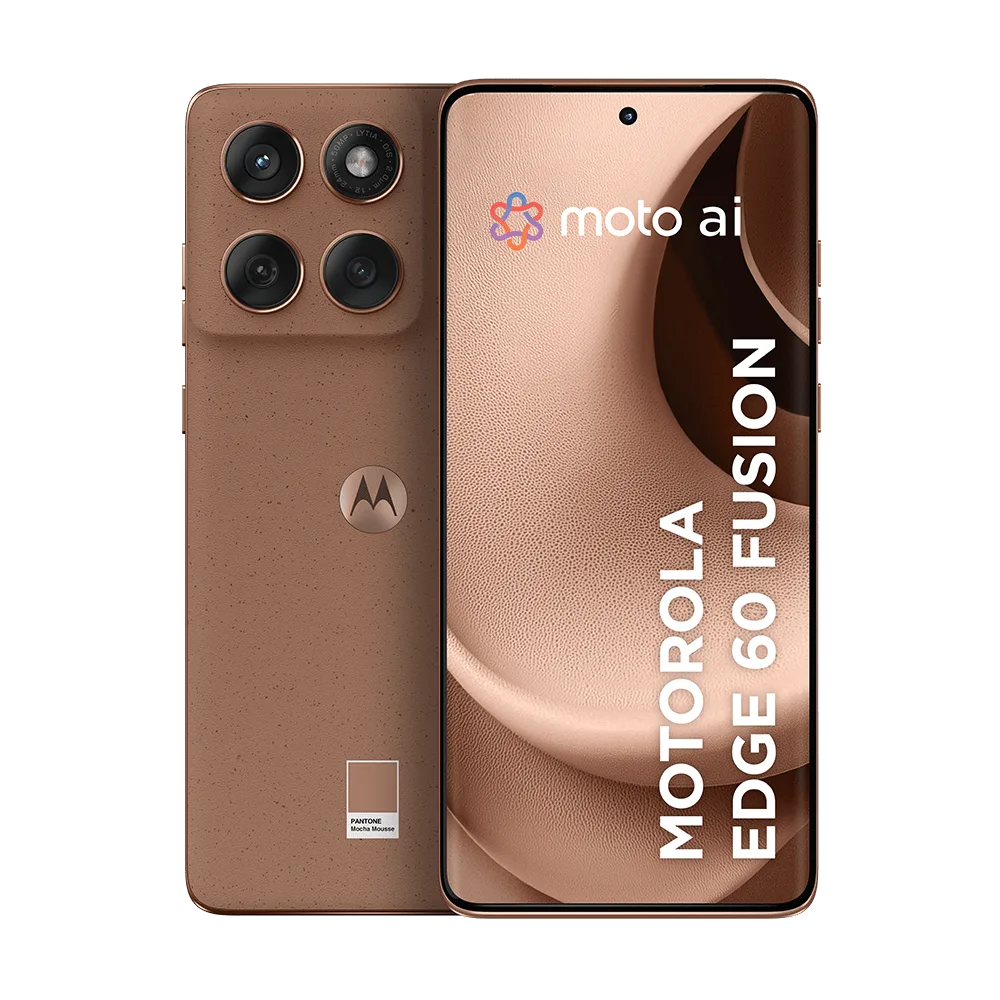 Motorola Edge 60 Fusion na cor mocha mousse, visto de frente e de costas